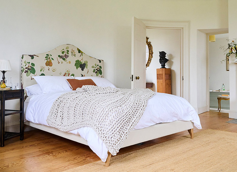 Bermondsey Double Bed Headborad in RHS Collection William Hooker Design Fruit Base in Whitewell Meringue_tablet